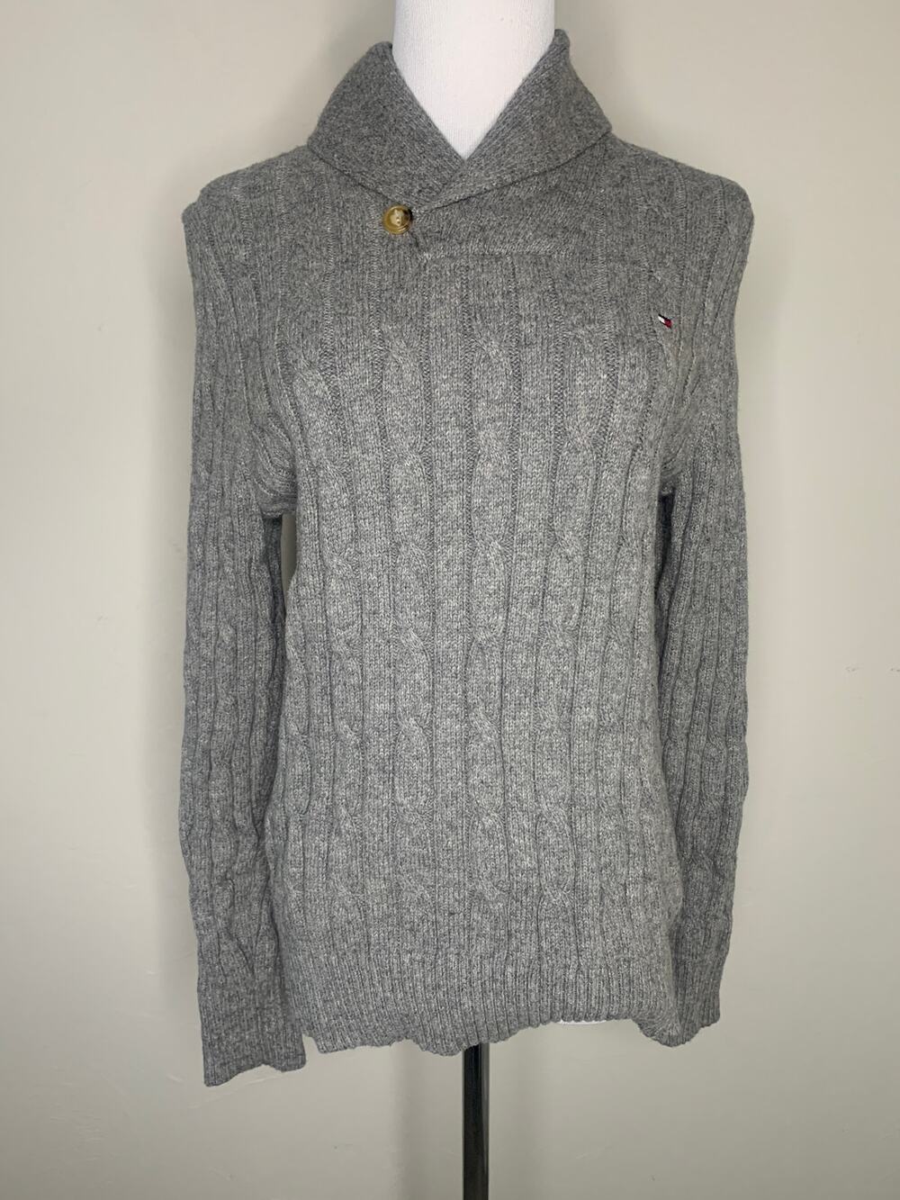 Tommy Hilfiger Grey Cable Knit Sweater Sz Small Preppy Coastal Fisherman